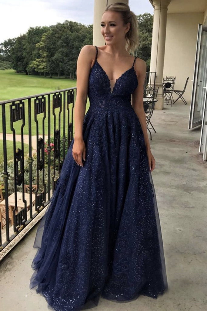 V Neck Navy Blue Lace Long Prom Dress ...